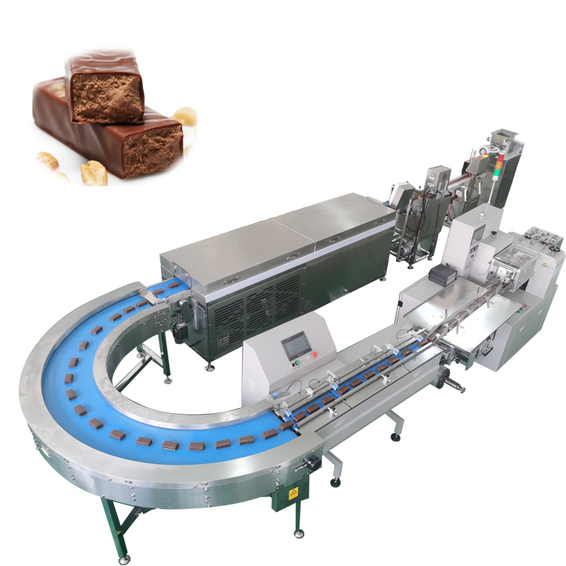 Fully Automatic Chocolate Protein Bar Making Machine with Chocolate Enrober And Flow Wrapping Machine 